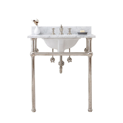 Water Creation Embassy 30" Wide Single Wash Stand, P-Trap, Counter Top with Basin, and F2-0013 Faucet included in Polished Nickel (PVD) Finish