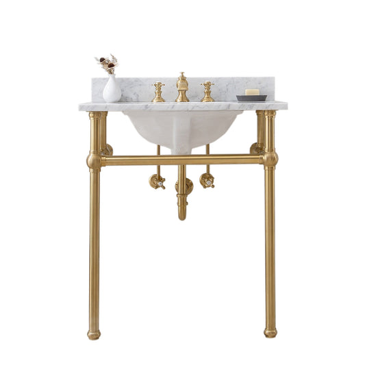 Water Creation Embassy 30" Wide Single Wash Stand, P-Trap, Counter Top with Basin, and F2-0013 Faucet included in Satin Gold Finish