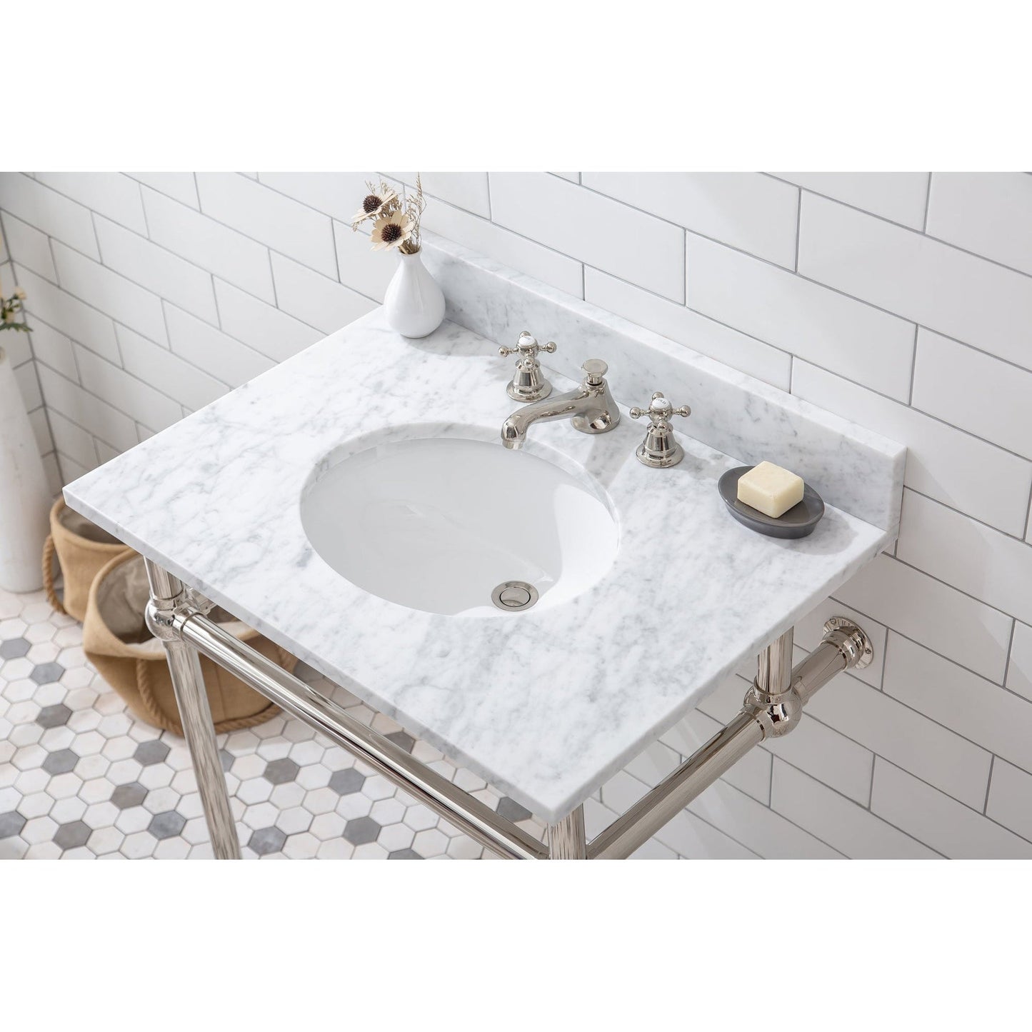 Water Creation Embassy 30" Wide Single Wash Stand, P-Trap, and Counter Top with Basin included in Polished Nickel (PVD) Finish