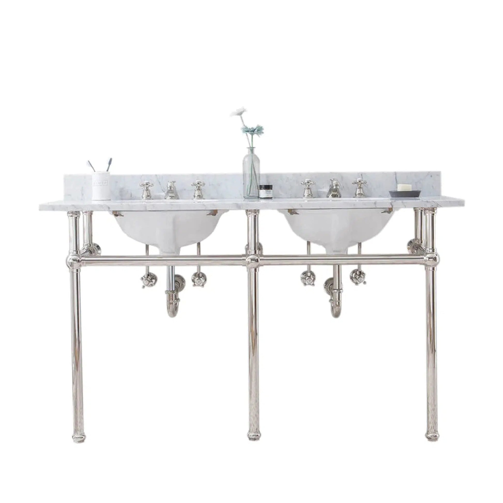 Water Creation Embassy 60 Inch Wide Double Wash Stand, P-Trap, Counter Top with Basin, F2-0009 Faucet and Mirror included in Polished Nickel (PVD) Finish