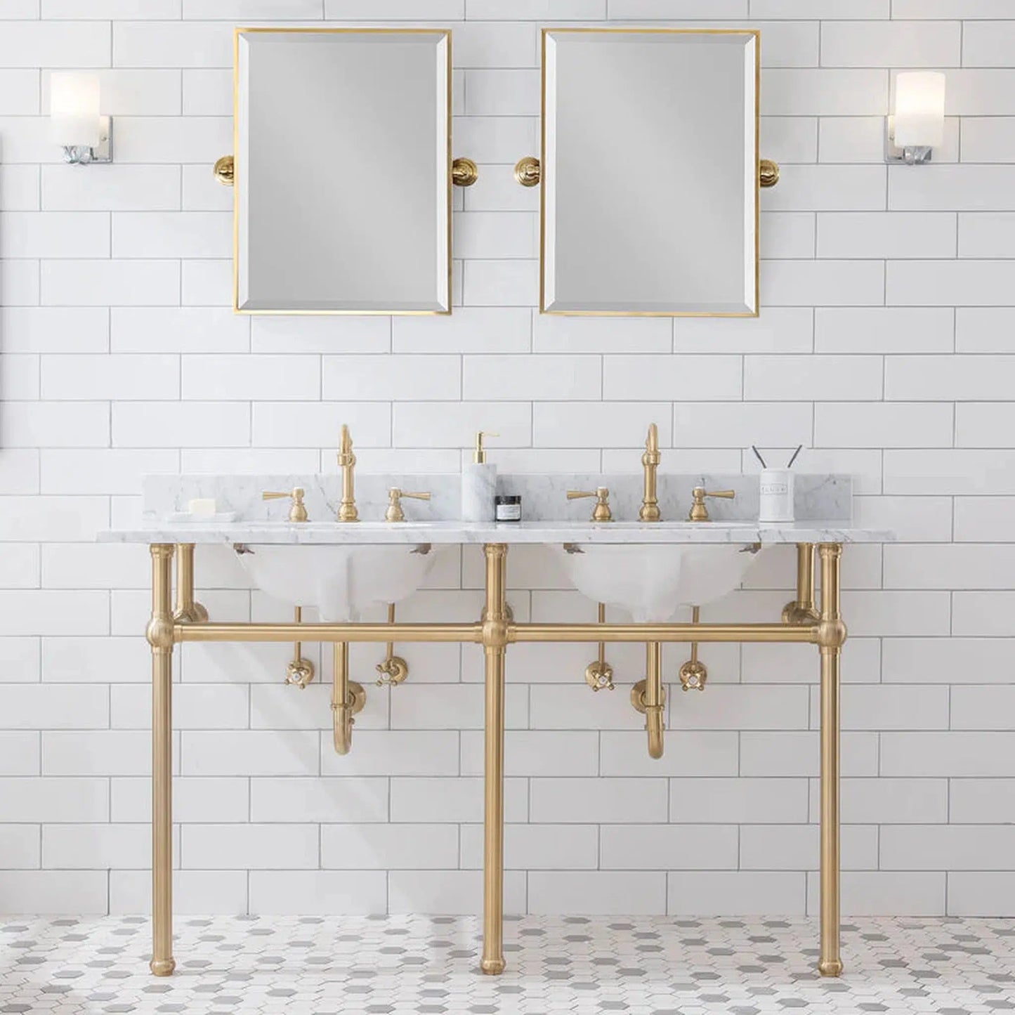 Water Creation Embassy 60 Inch Wide Double Wash Stand, P-Trap, Counter Top with Basin, F2-0012 Faucet and Mirror included in Satin Gold Finish