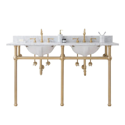 Water Creation Embassy 60 Inch Wide Double Wash Stand, P-Trap, Counter Top with Basin, F2-0013 Faucet and Mirror included in Satin Gold Finish