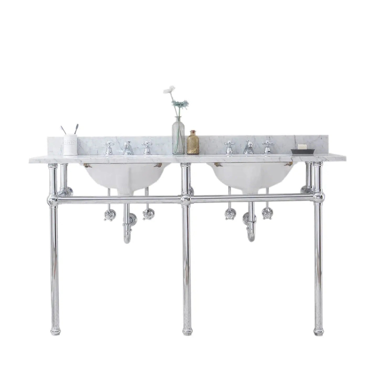 Water Creation Embassy 60 Inch Wide Double Wash Stand, P-Trap, Counter Top with Basin, and F2-0009 Faucet included in Chrome Finish
