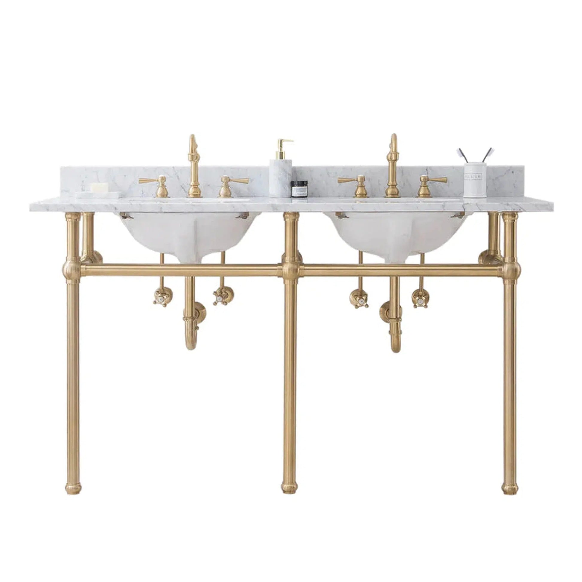 Water Creation Embassy 60 Inch Wide Double Wash Stand, P-Trap, Counter Top with Basin, and F2-0012 Faucet included in Satin Gold Finish