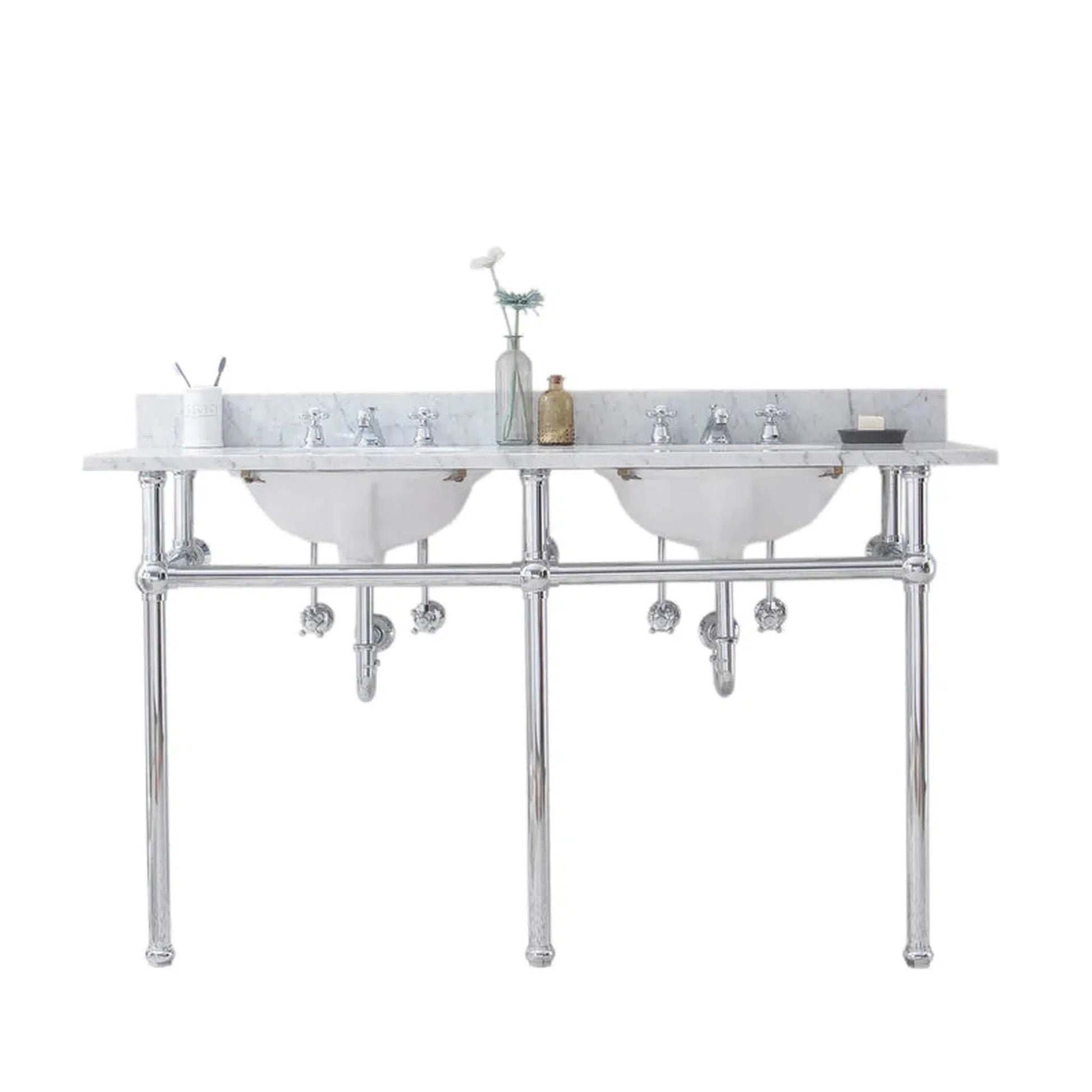 Water Creation Embassy 60 Inch Wide Double Wash Stand, P-Trap, Counter Top with Basin, and F2-0013 Faucet included in Chrome Finish