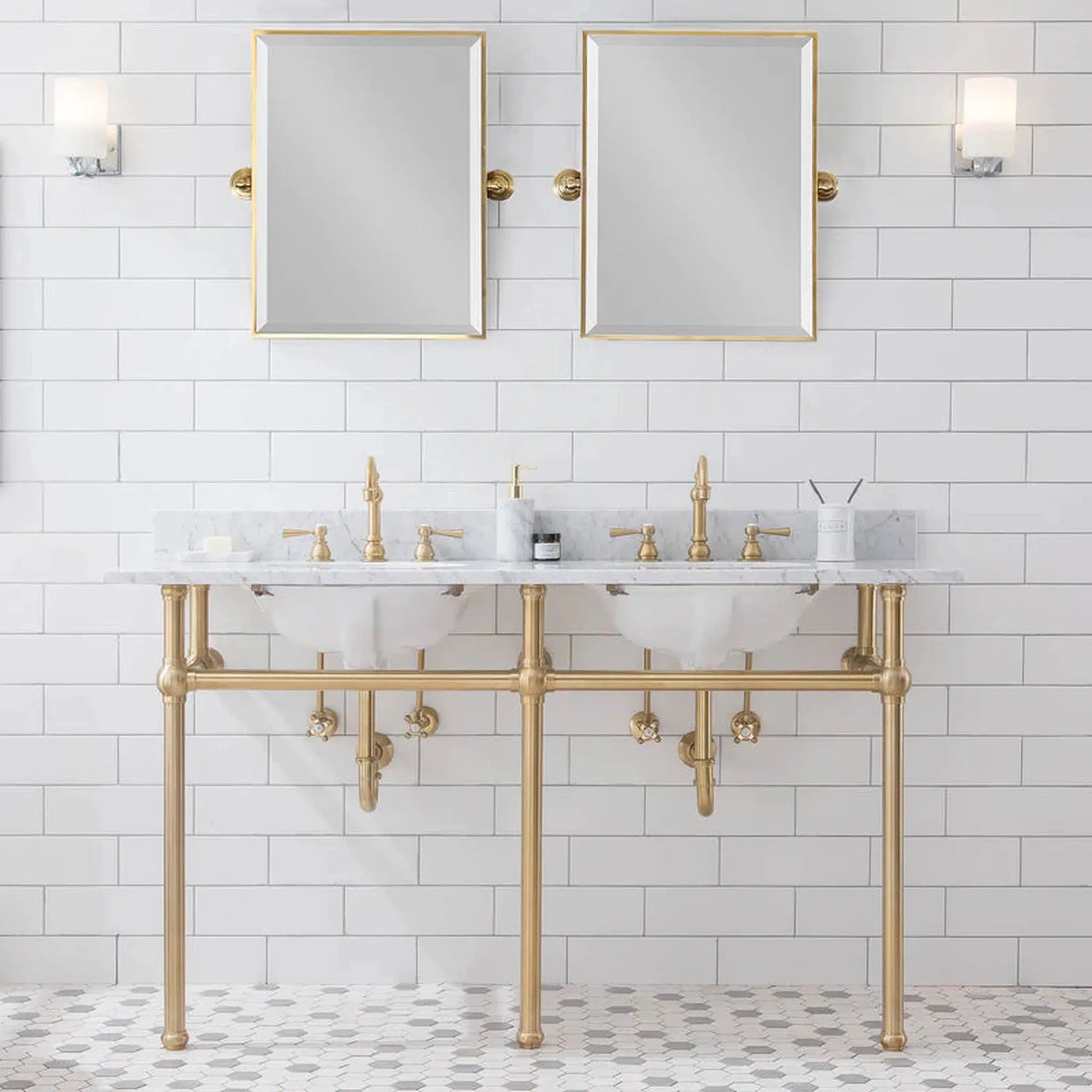 Water Creation Embassy 60 Inch Wide Double Wash Stand, P-Trap, and Counter Top with Basin included in Satin Gold Finish