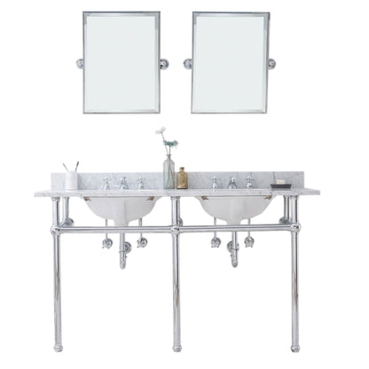 Water Creation Embassy 60" Wide Double Wash Stand, P-Trap, Counter Top with Basin, F2-0009 Faucet and Mirror included in Chrome Finish