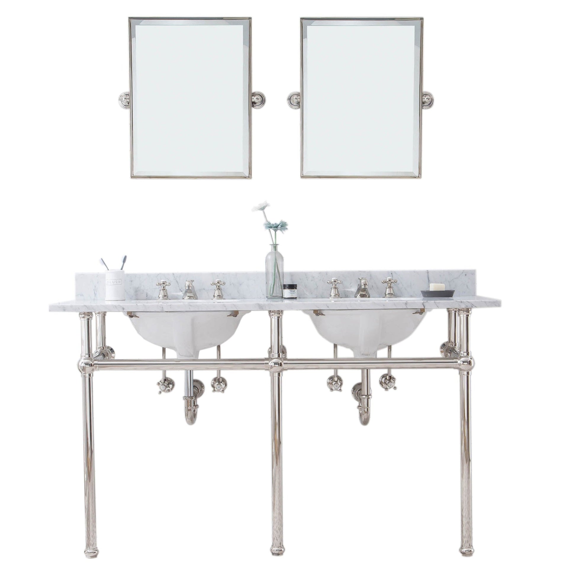 Water Creation Embassy 60" Wide Double Wash Stand, P-Trap, Counter Top with Basin, F2-0009 Faucet and Mirror included in Polished Nickel (PVD) Finish