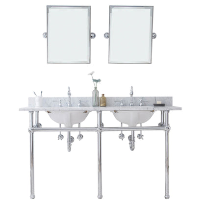 Water Creation Embassy 60" Wide Double Wash Stand, P-Trap, Counter Top with Basin, F2-0012 Faucet and Mirror included in Chrome Finish