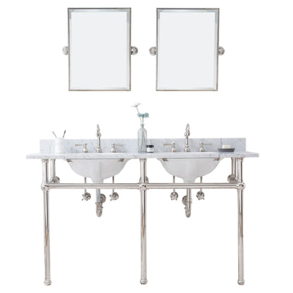 Water Creation Embassy 60" Wide Double Wash Stand, P-Trap, Counter Top with Basin, F2-0012 Faucet and Mirror included in Polished Nickel (PVD) Finish