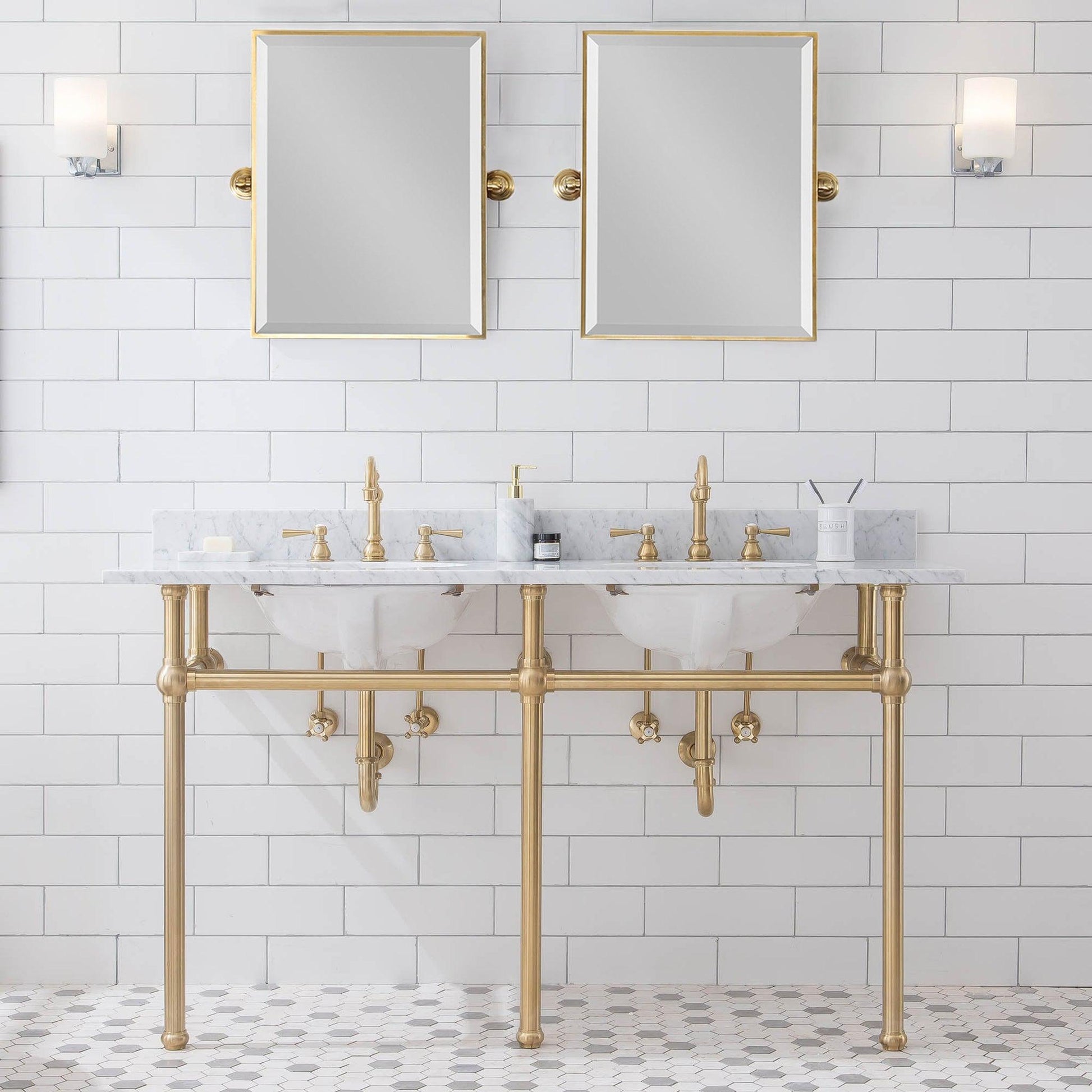 Water Creation Embassy 60" Wide Double Wash Stand, P-Trap, Counter Top with Basin, F2-0012 Faucet and Mirror included in Satin Gold Finish