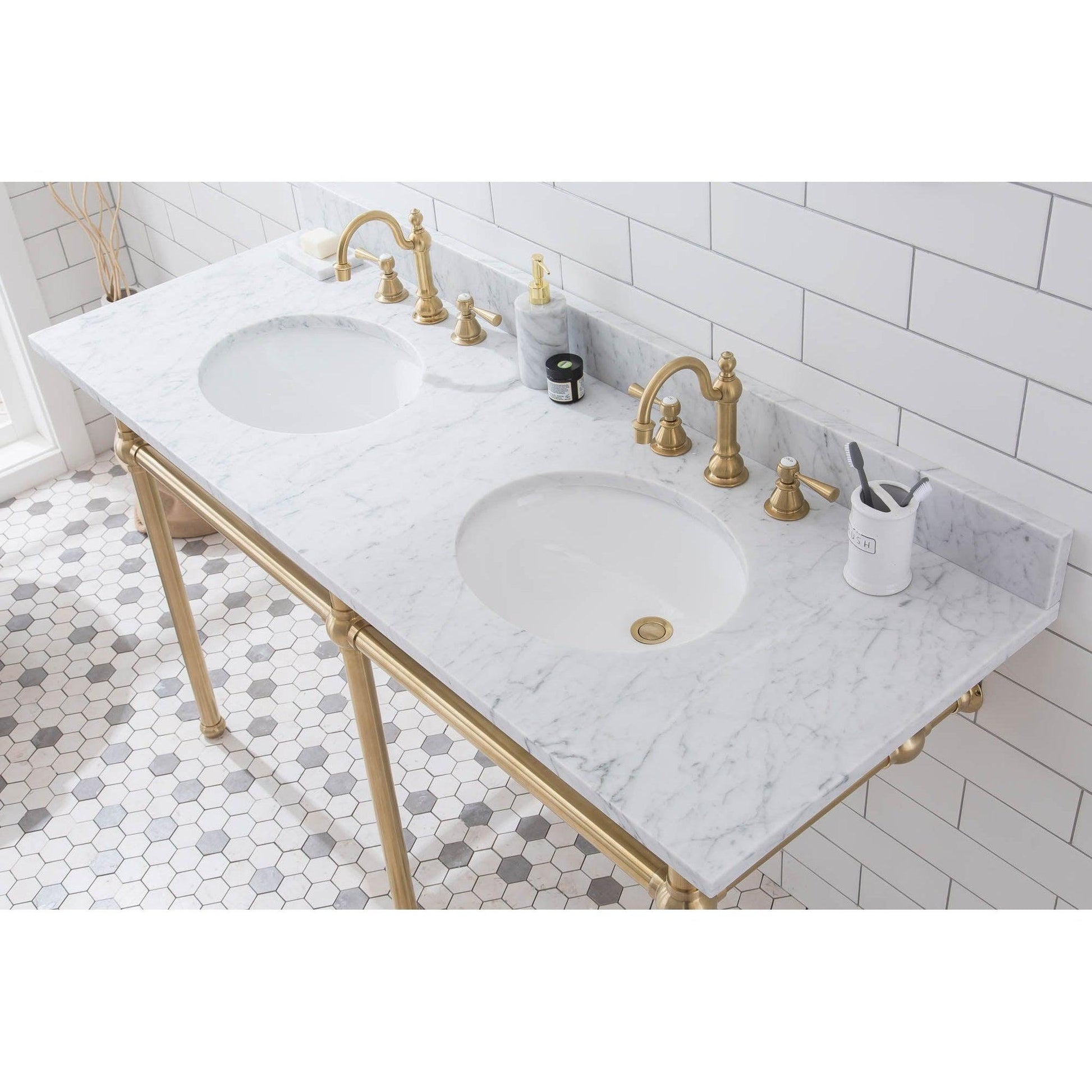 Water Creation Embassy 60" Wide Double Wash Stand, P-Trap, Counter Top with Basin, F2-0012 Faucet and Mirror included in Satin Gold Finish