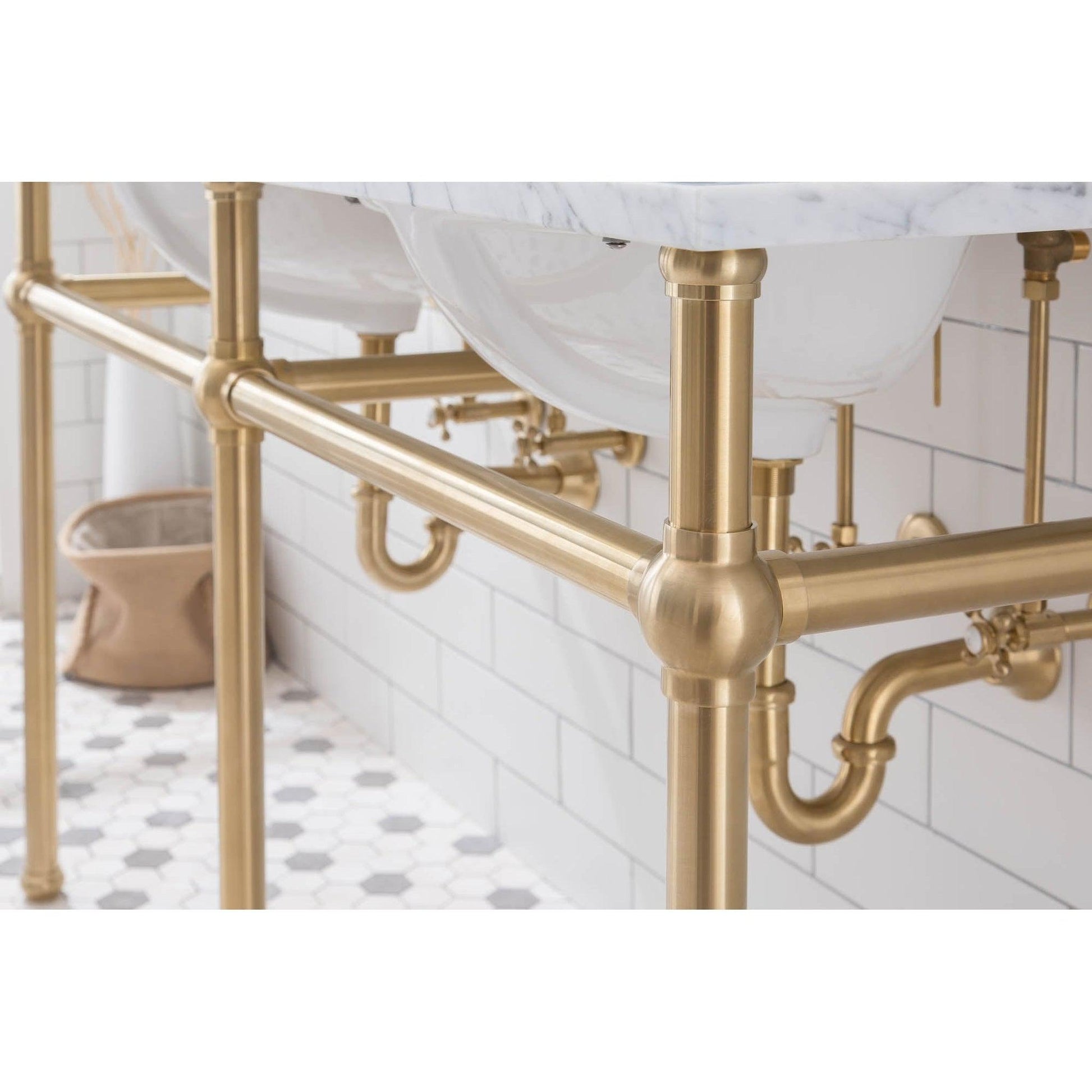Water Creation Embassy 60" Wide Double Wash Stand, P-Trap, Counter Top with Basin, F2-0012 Faucet and Mirror included in Satin Gold Finish