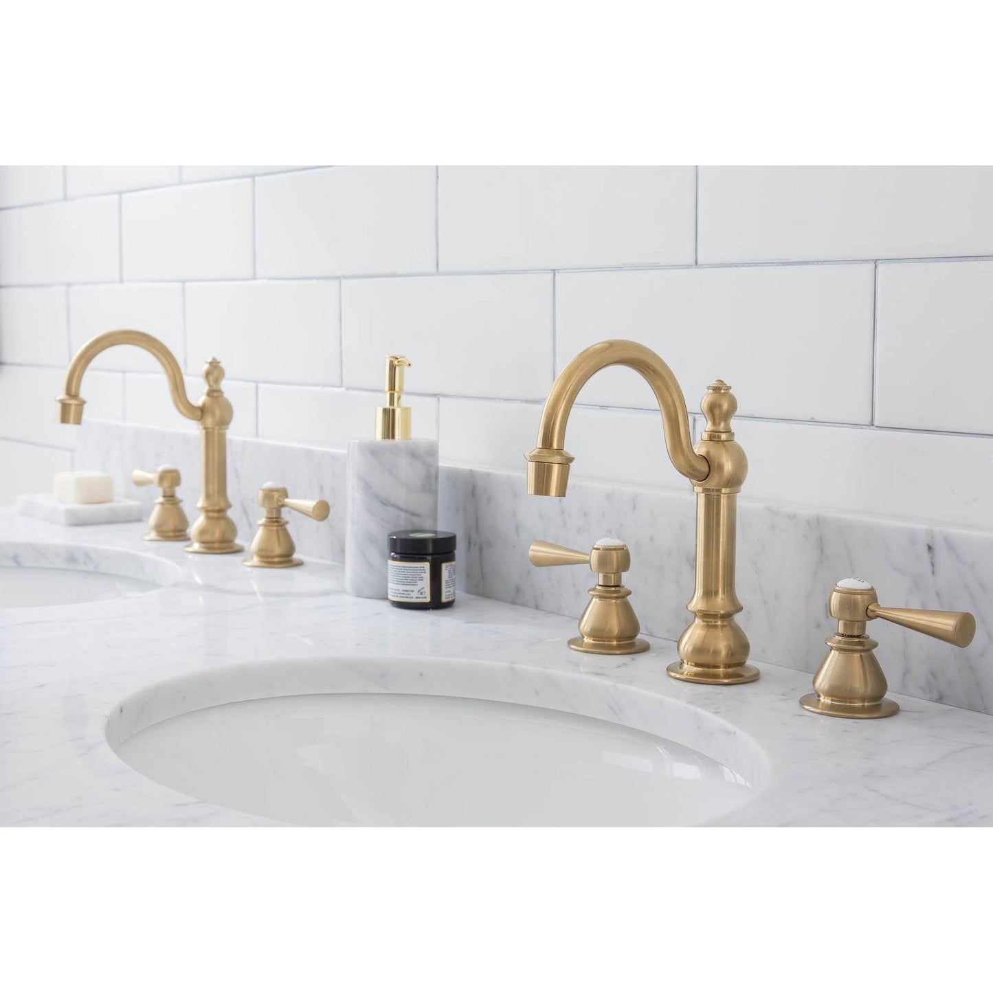 Water Creation Embassy 60" Wide Double Wash Stand, P-Trap, Counter Top with Basin, F2-0012 Faucet and Mirror included in Satin Gold Finish