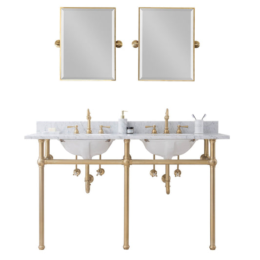 Water Creation Embassy 60" Wide Double Wash Stand, P-Trap, Counter Top with Basin, F2-0012 Faucet and Mirror included in Satin Gold Finish