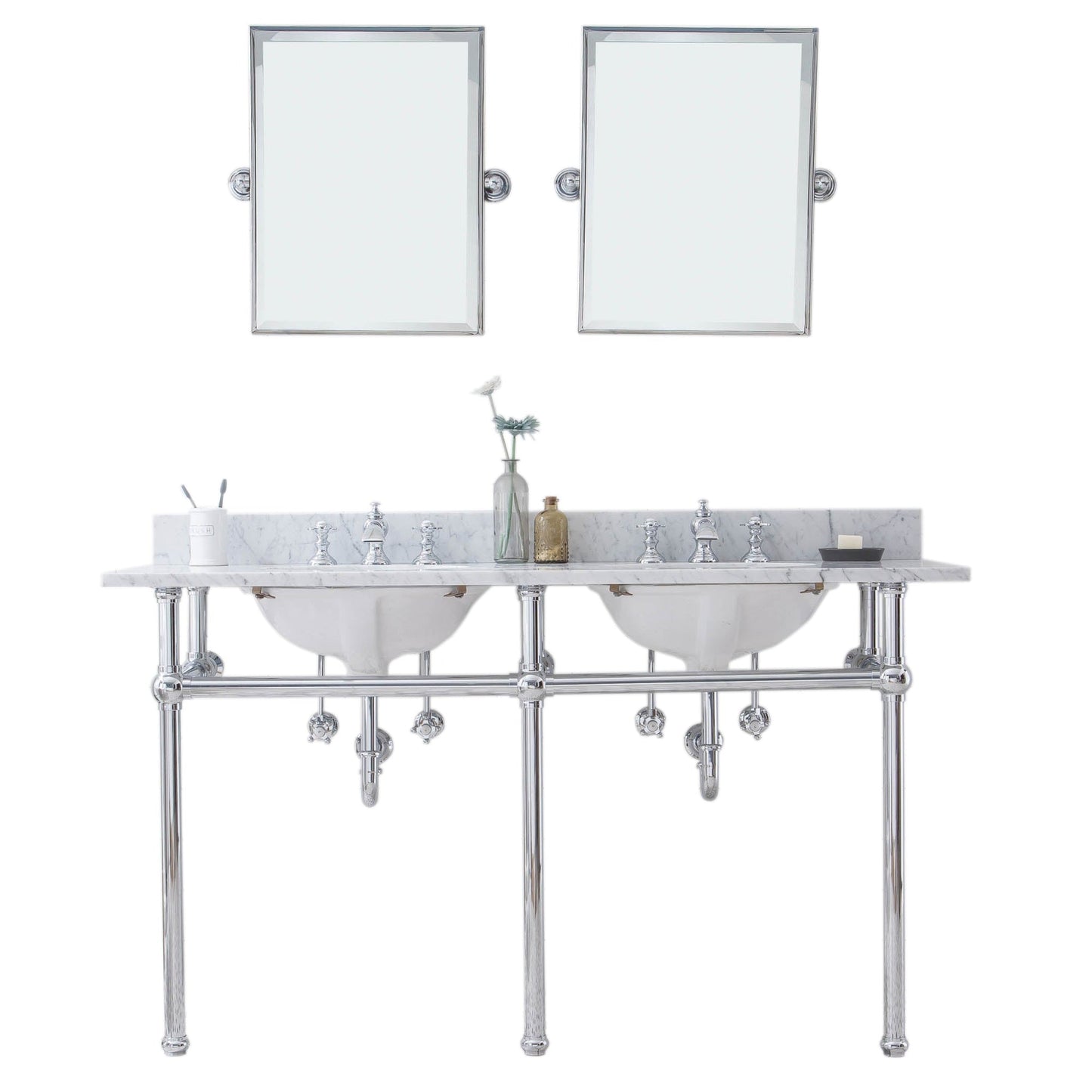 Water Creation Embassy 60" Wide Double Wash Stand, P-Trap, Counter Top with Basin, F2-0013 Faucet and Mirror included in Chrome Finish