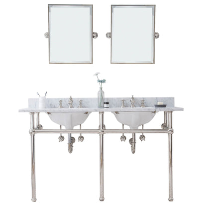 Water Creation Embassy 60" Wide Double Wash Stand, P-Trap, Counter Top with Basin, F2-0013 Faucet and Mirror included in Polished Nickel (PVD) Finish