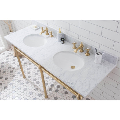 Water Creation Embassy 60" Wide Double Wash Stand, P-Trap, Counter Top with Basin, F2-0013 Faucet and Mirror included in Satin Gold Finish