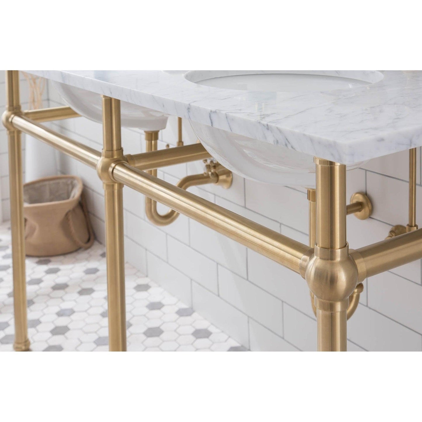 Water Creation Embassy 60" Wide Double Wash Stand, P-Trap, Counter Top with Basin, F2-0013 Faucet and Mirror included in Satin Gold Finish