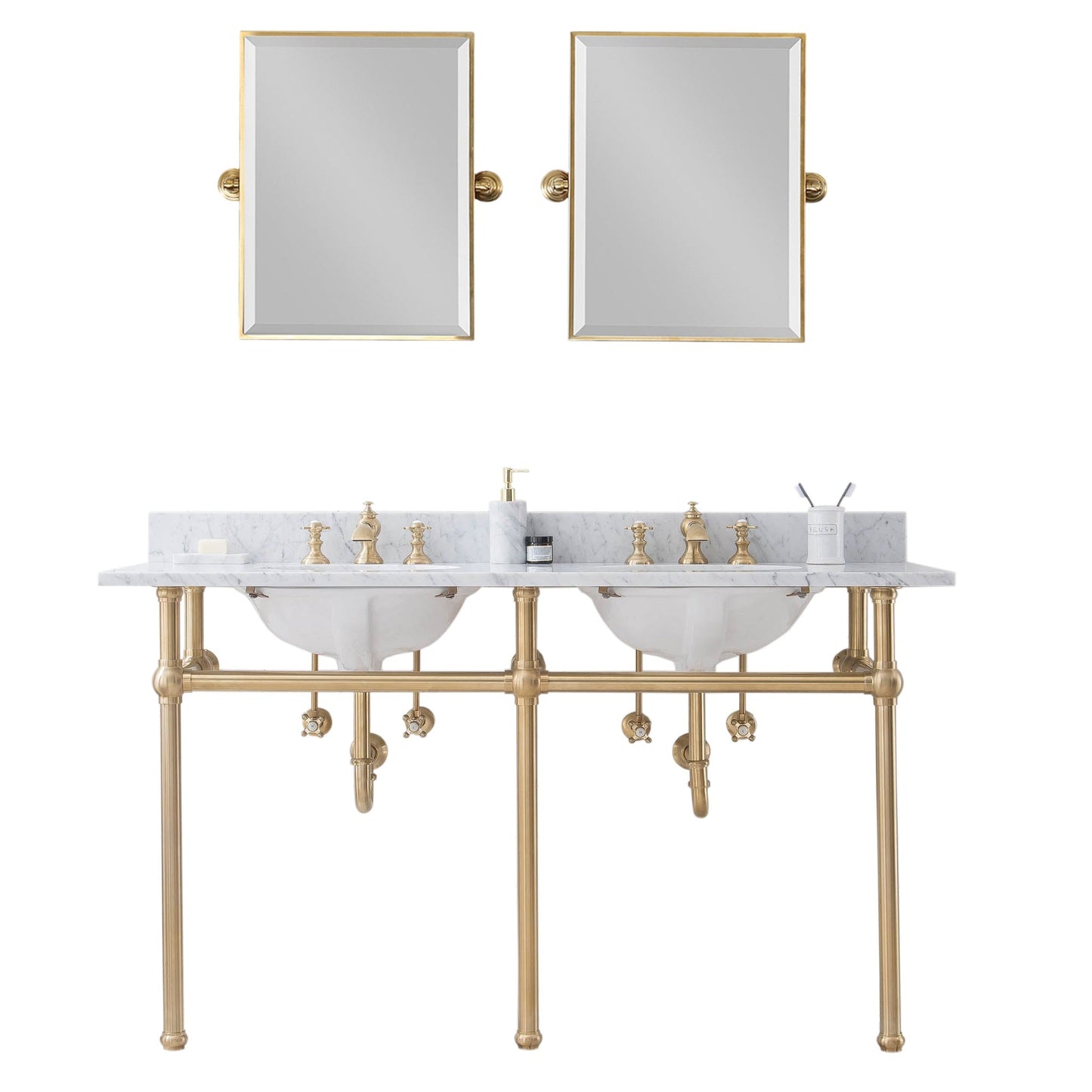 Water Creation Embassy 60" Wide Double Wash Stand, P-Trap, Counter Top with Basin, F2-0013 Faucet and Mirror included in Satin Gold Finish