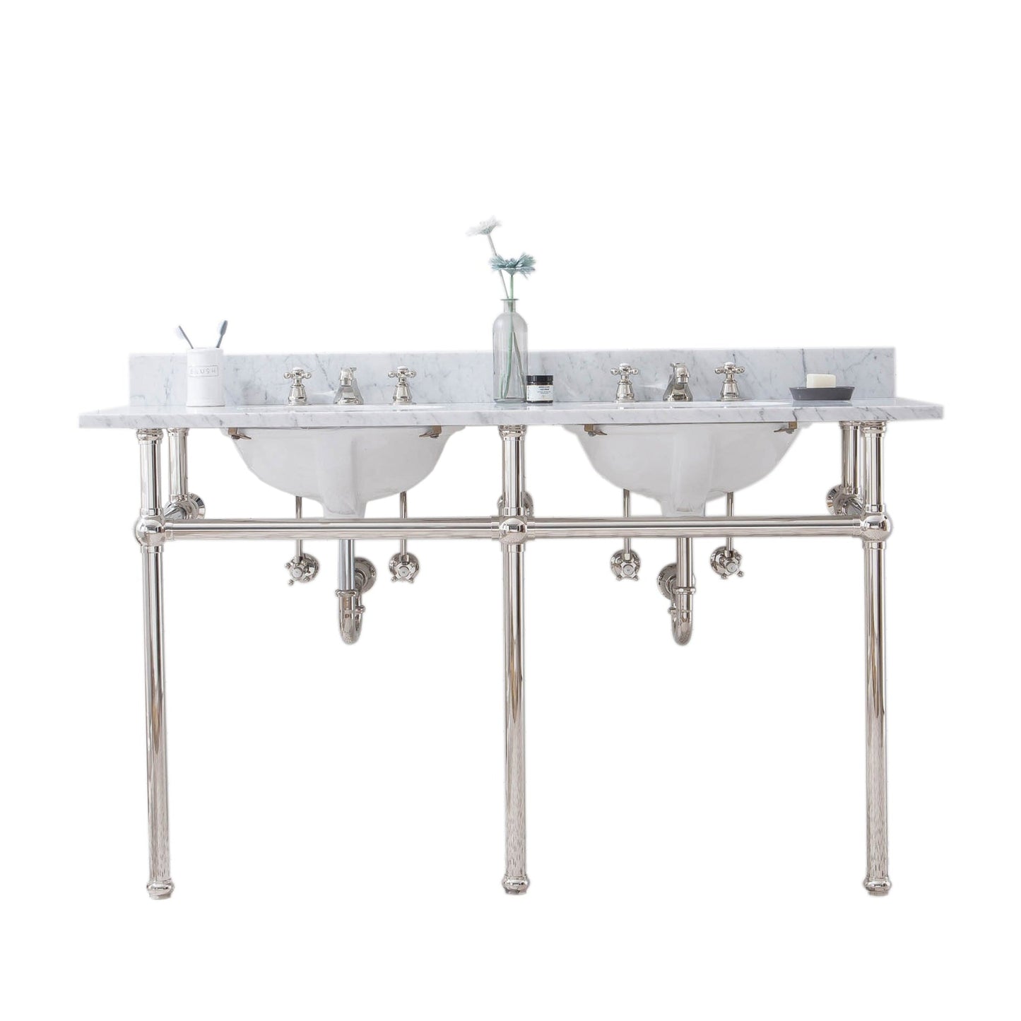 Water Creation Embassy 60" Wide Double Wash Stand, P-Trap, Counter Top with Basin, and F2-0009 Faucet included in Polished Nickel (PVD) Finish