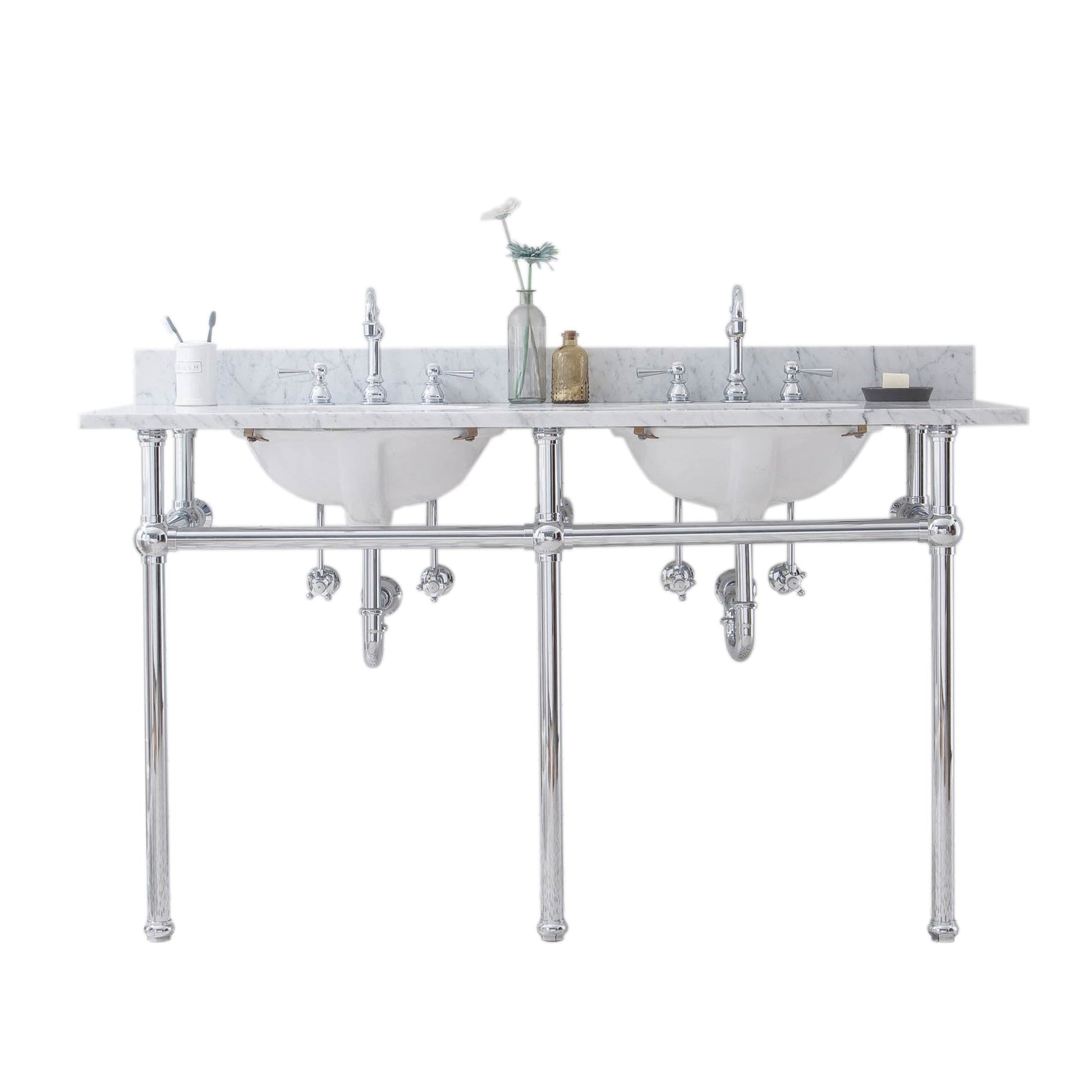 Water Creation Embassy 60" Wide Double Wash Stand, P-Trap, Counter Top with Basin, and F2-0012 Faucet included in Chrome Finish