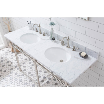 Water Creation Embassy 60" Wide Double Wash Stand, P-Trap, Counter Top with Basin, and F2-0012 Faucet included in Polished Nickel (PVD) Finish