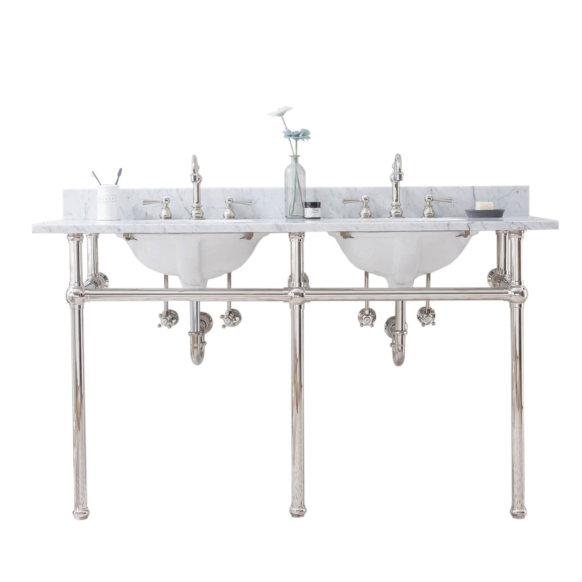 Water Creation Embassy 60" Wide Double Wash Stand, P-Trap, Counter Top with Basin, and F2-0012 Faucet included in Polished Nickel (PVD) Finish