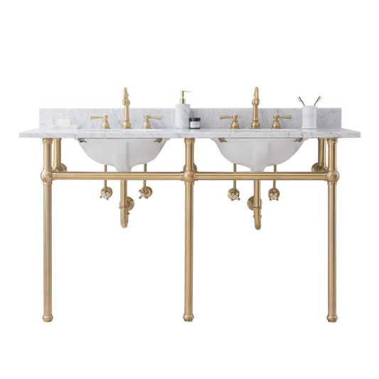 Water Creation Embassy 60" Wide Double Wash Stand, P-Trap, Counter Top with Basin, and F2-0012 Faucet included in Satin Gold Finish