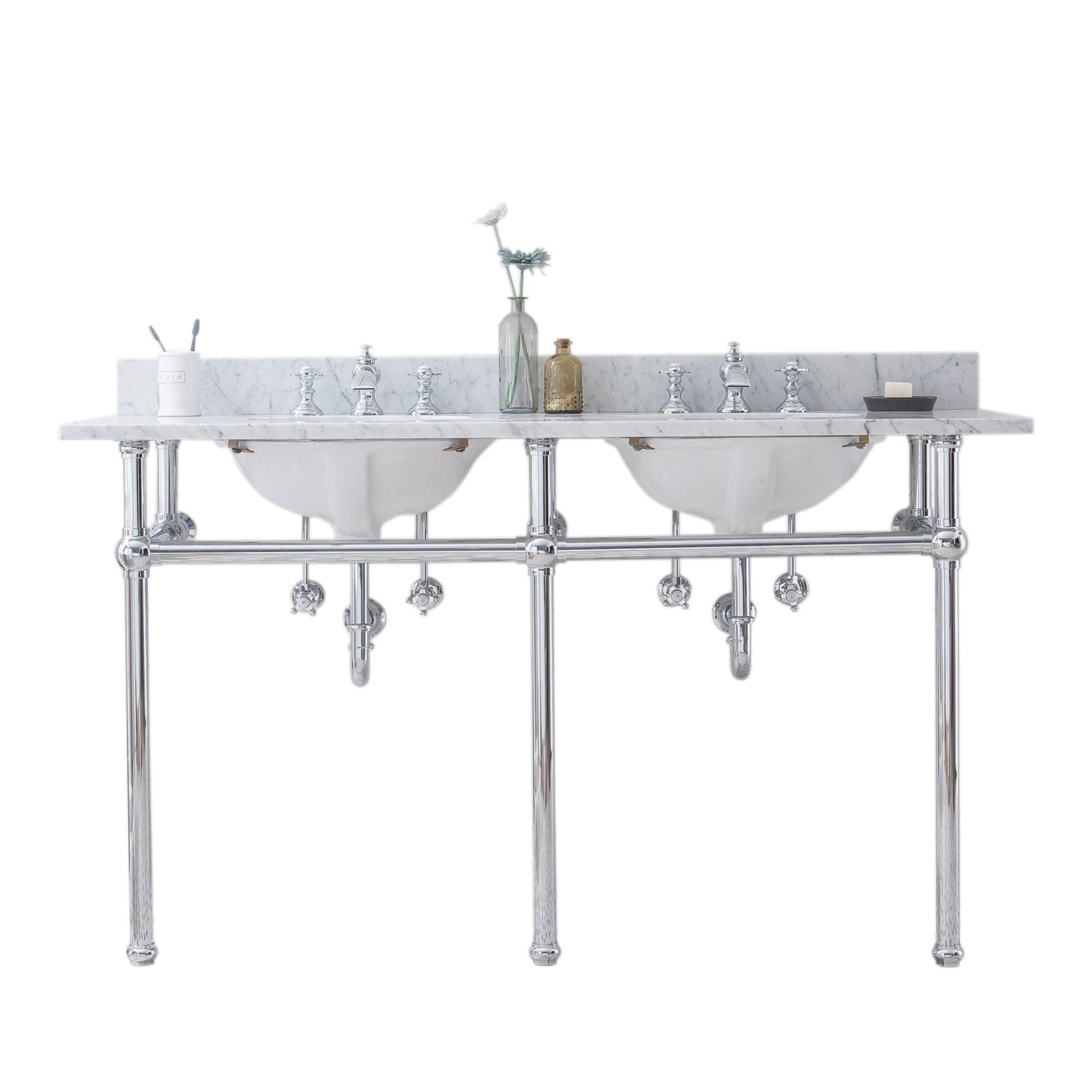 Water Creation Embassy 60" Wide Double Wash Stand, P-Trap, Counter Top with Basin, and F2-0013 Faucet included in Chrome Finish