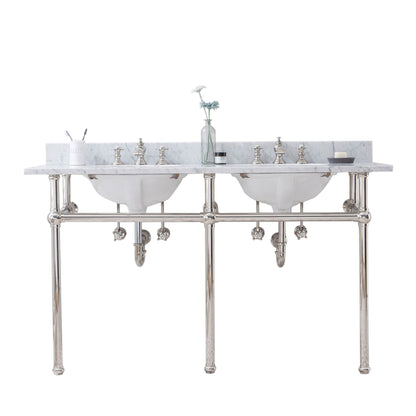 Water Creation Embassy 60" Wide Double Wash Stand, P-Trap, Counter Top with Basin, and F2-0013 Faucet included in Polished Nickel (PVD) Finish
