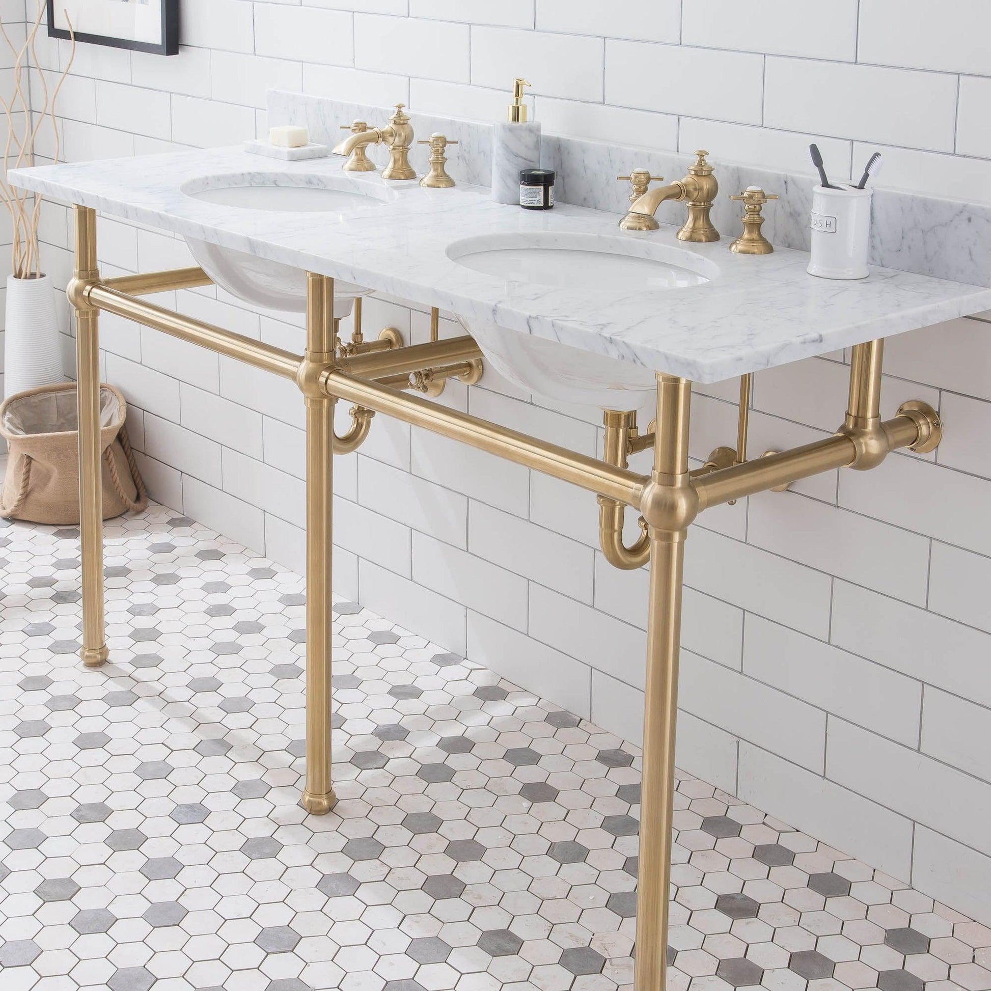 Water Creation Embassy 60" Wide Double Wash Stand, P-Trap, Counter Top with Basin, and F2-0013 Faucet included in Satin Gold Finish