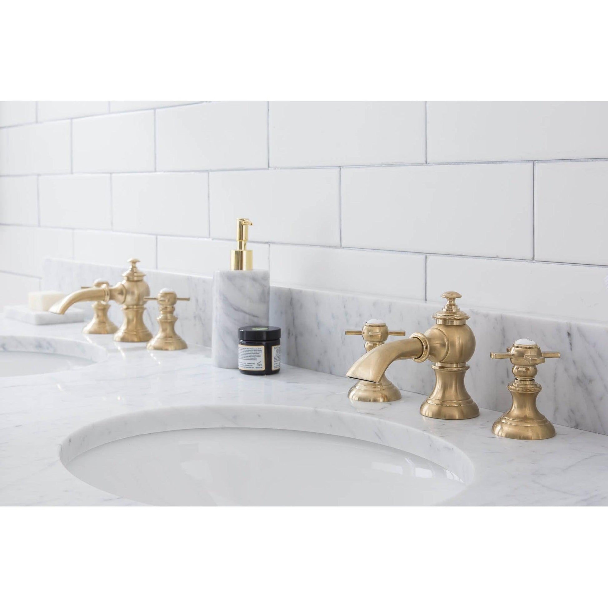 Water Creation Embassy 60" Wide Double Wash Stand, P-Trap, Counter Top with Basin, and F2-0013 Faucet included in Satin Gold Finish