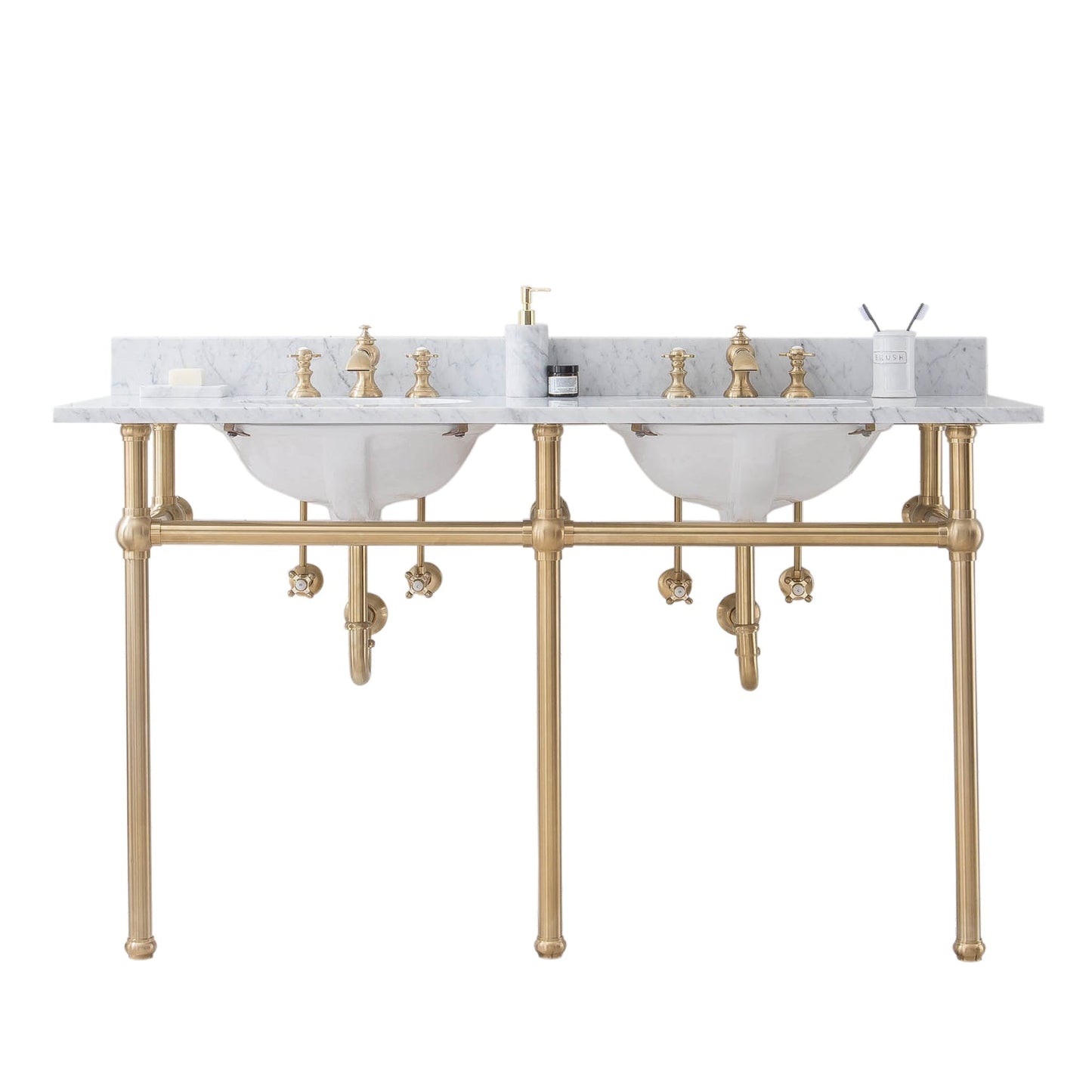 Water Creation Embassy 60" Wide Double Wash Stand, P-Trap, Counter Top with Basin, and F2-0013 Faucet included in Satin Gold Finish