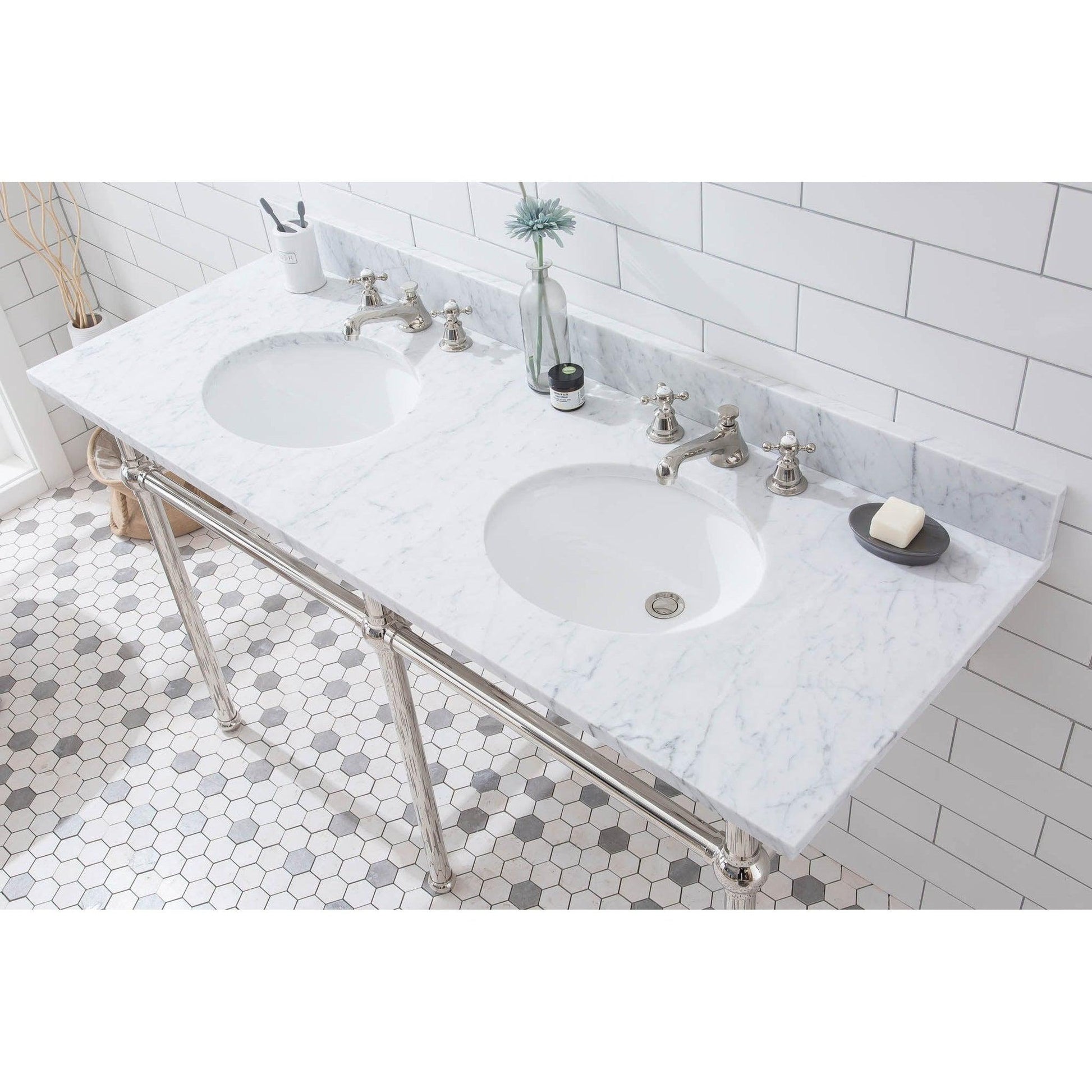 Water Creation Embassy 60" Wide Double Wash Stand, P-Trap, and Counter Top with Basin included in Polished Nickel (PVD) Finish