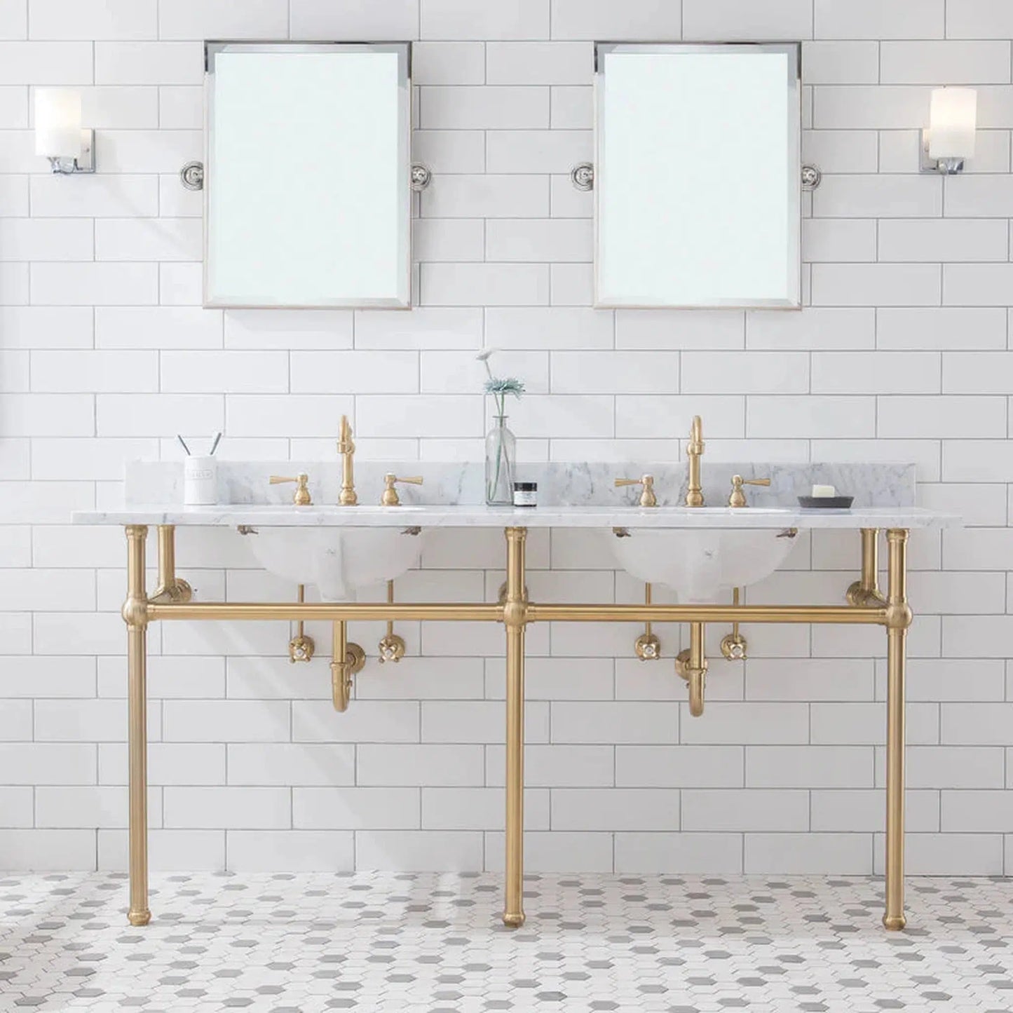 Water Creation Embassy 72 Inch Wide Double Wash Stand, P-Trap, and Counter Top with Basin included in Satin Gold Finish