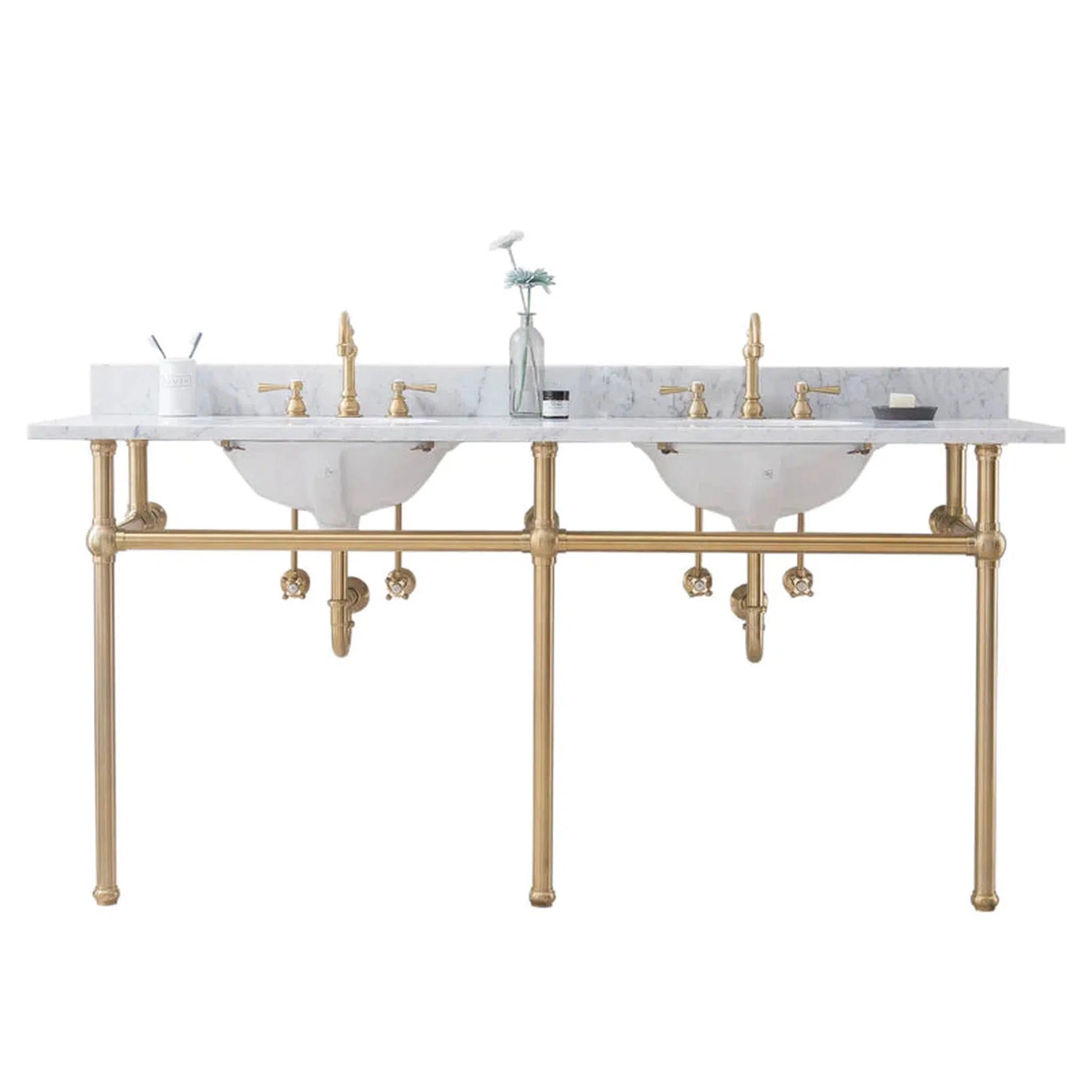 Water Creation Embassy 72 Inch Wide Double Wash Stand, P-Trap, and Counter Top with Basin included in Satin Gold Finish