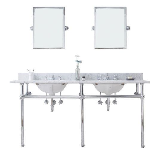 Water Creation Embassy 72" Wide Double Wash Stand, P-Trap, Counter Top with Basin, F2-0009 Faucet and Mirror included in Chrome Finish