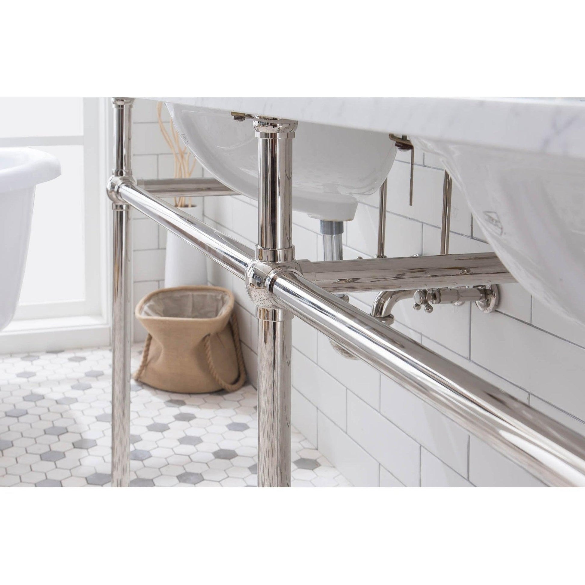 Water Creation Embassy 72" Wide Double Wash Stand, P-Trap, Counter Top with Basin, F2-0009 Faucet and Mirror included in Polished Nickel (PVD) Finish