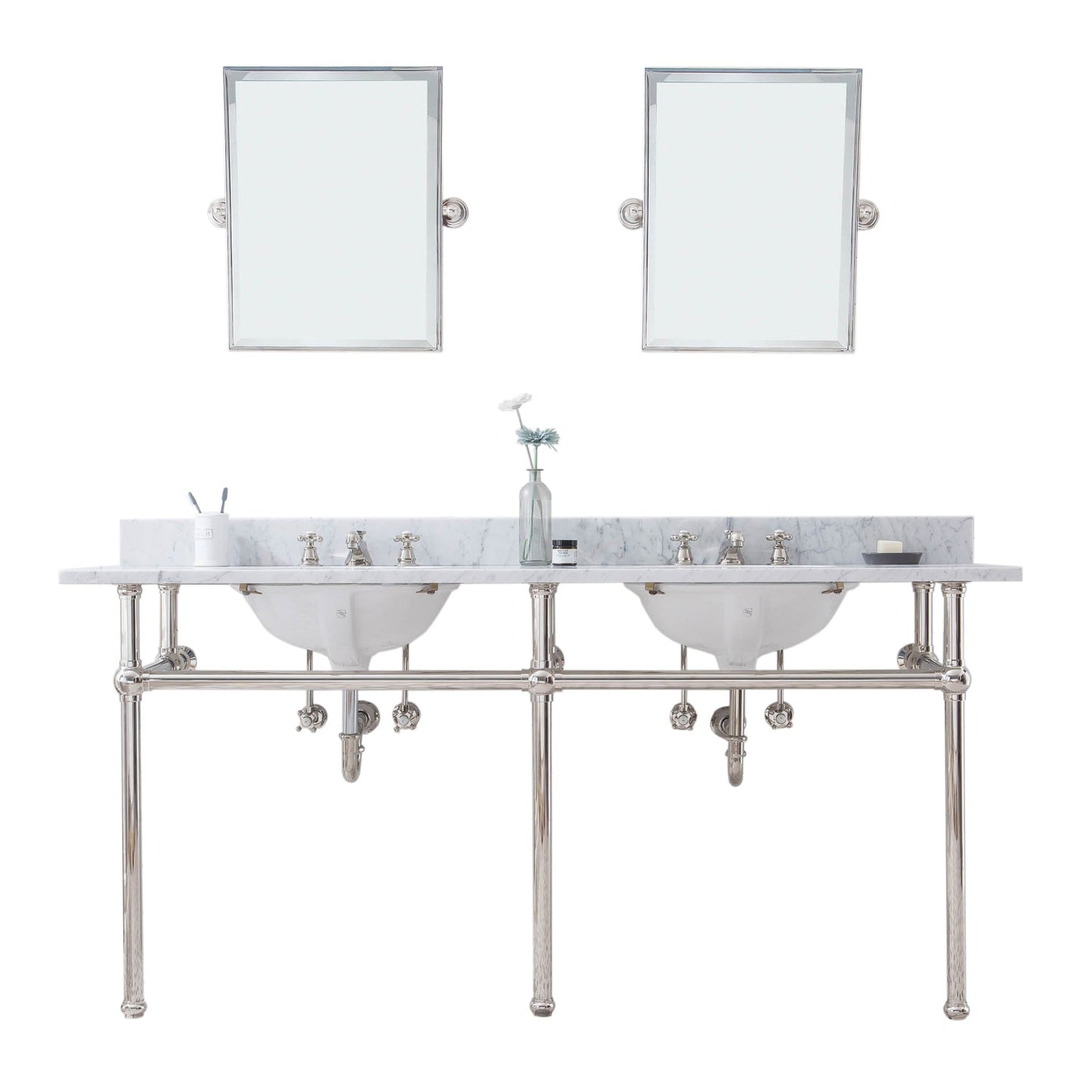 Water Creation Embassy 72" Wide Double Wash Stand, P-Trap, Counter Top with Basin, F2-0009 Faucet and Mirror included in Polished Nickel (PVD) Finish