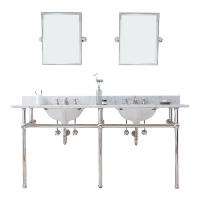 Water Creation Embassy 72" Wide Double Wash Stand, P-Trap, Counter Top with Basin, F2-0009 Faucet and Mirror included in Polished Nickel (PVD) Finish