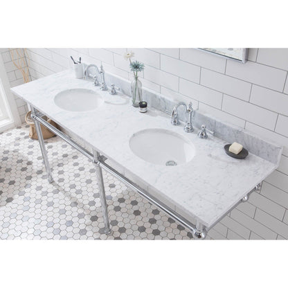 Water Creation Embassy 72" Wide Double Wash Stand, P-Trap, Counter Top with Basin, F2-0012 Faucet and Mirror included in Chrome Finish