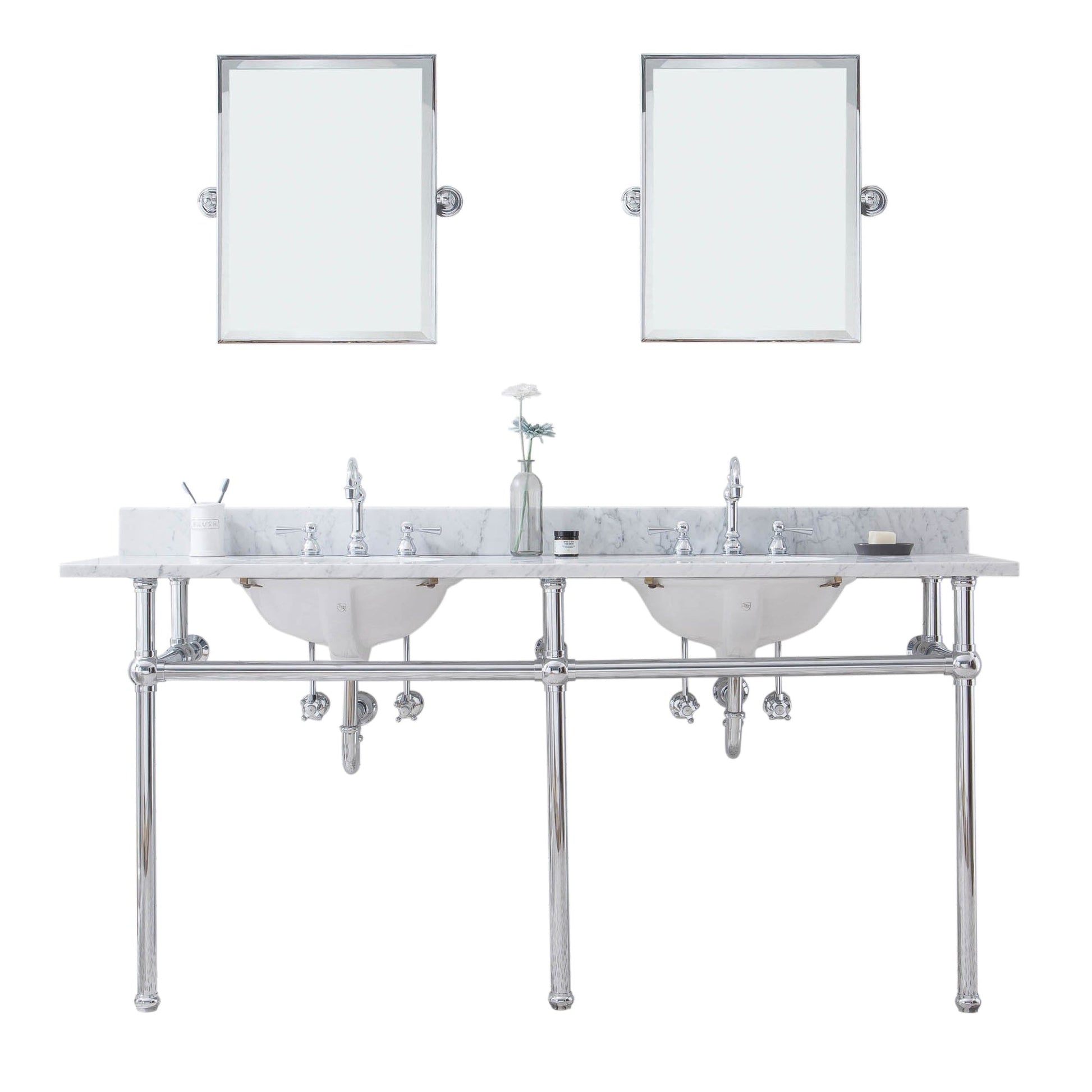 Water Creation Embassy 72" Wide Double Wash Stand, P-Trap, Counter Top with Basin, F2-0012 Faucet and Mirror included in Chrome Finish