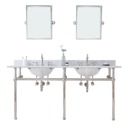 Water Creation Embassy 72" Wide Double Wash Stand, P-Trap, Counter Top with Basin, F2-0012 Faucet and Mirror included in Polished Nickel (PVD) Finish