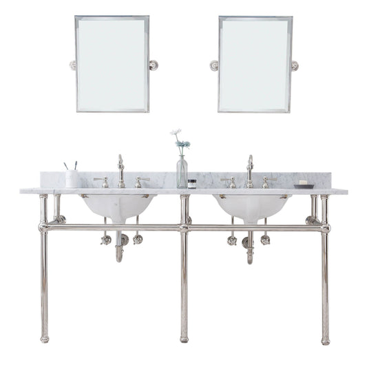 Water Creation Embassy 72" Wide Double Wash Stand, P-Trap, Counter Top with Basin, F2-0012 Faucet and Mirror included in Polished Nickel (PVD) Finish