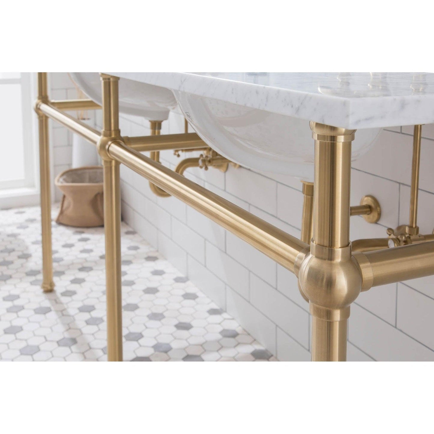 Water Creation Embassy 72" Wide Double Wash Stand, P-Trap, Counter Top with Basin, F2-0012 Faucet and Mirror included in Satin Gold Finish