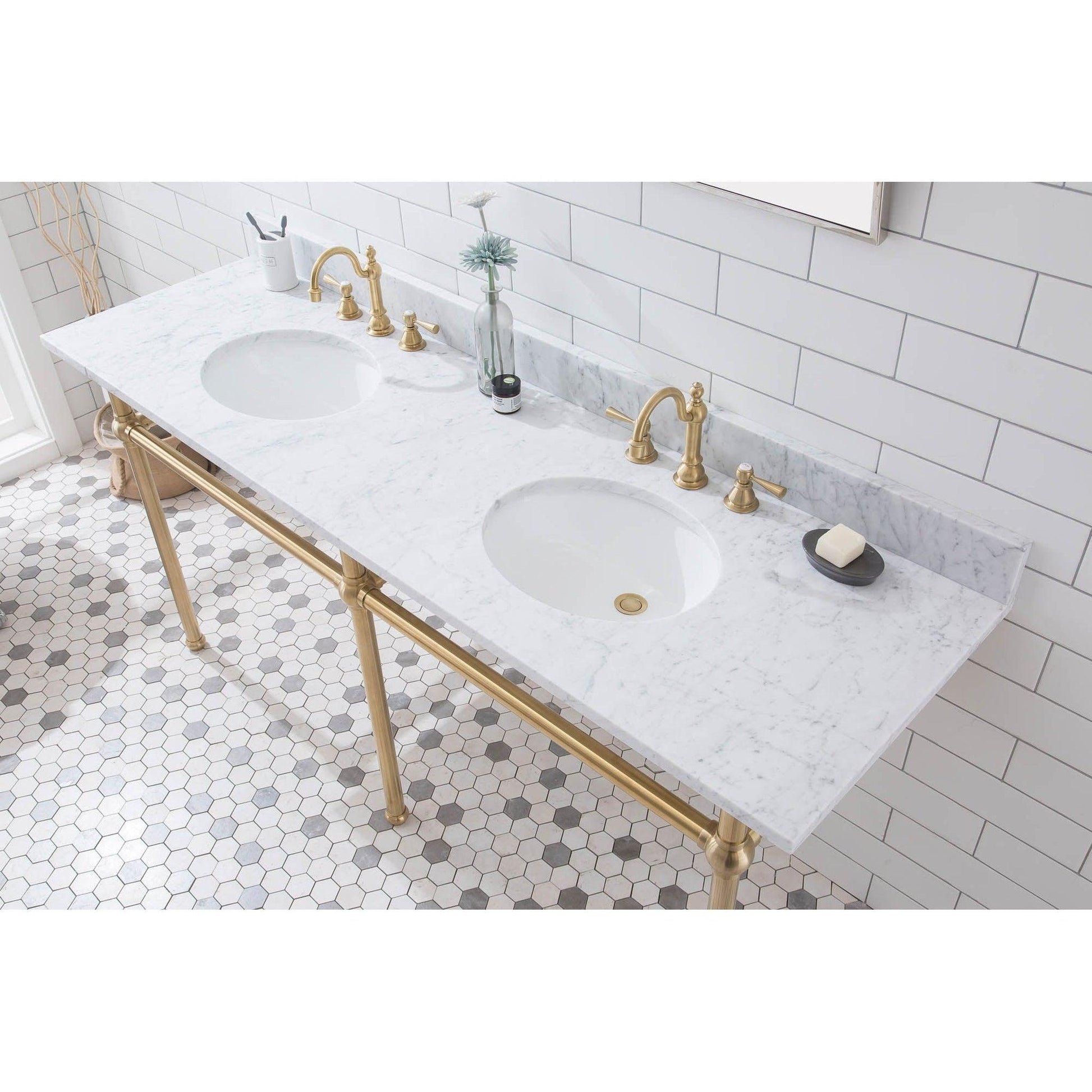 Water Creation Embassy 72" Wide Double Wash Stand, P-Trap, Counter Top with Basin, F2-0012 Faucet and Mirror included in Satin Gold Finish