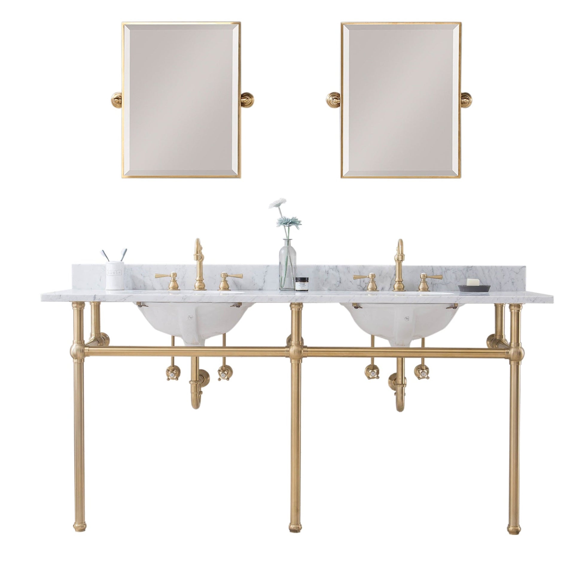 Water Creation Embassy 72" Wide Double Wash Stand, P-Trap, Counter Top with Basin, F2-0012 Faucet and Mirror included in Satin Gold Finish