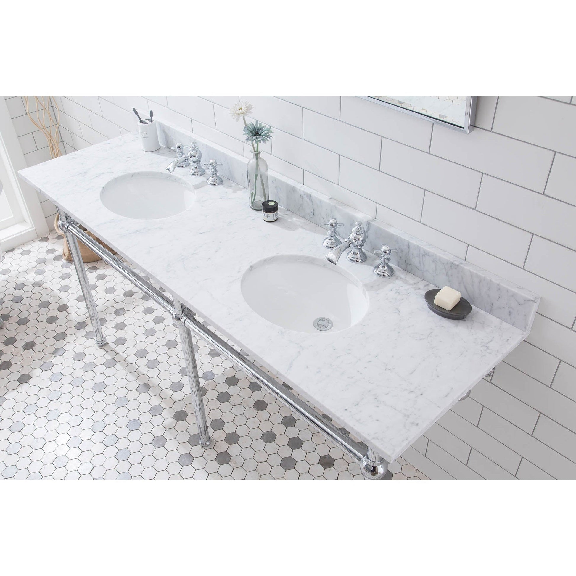 Water Creation Embassy 72" Wide Double Wash Stand, P-Trap, Counter Top with Basin, F2-0013 Faucet and Mirror included in Chrome Finish