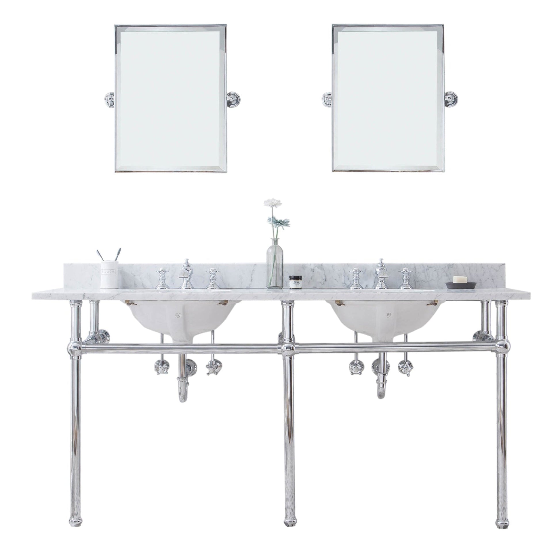 Water Creation Embassy 72" Wide Double Wash Stand, P-Trap, Counter Top with Basin, F2-0013 Faucet and Mirror included in Chrome Finish